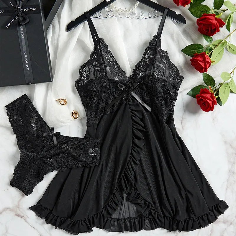 Victoria's Vogue Suspender Suit Summer Ultra-thin Nightgown Lace Thong Sets Women's Sexy Pyjamas Lingerie Hot Night Dress Comfortable Sleepwear