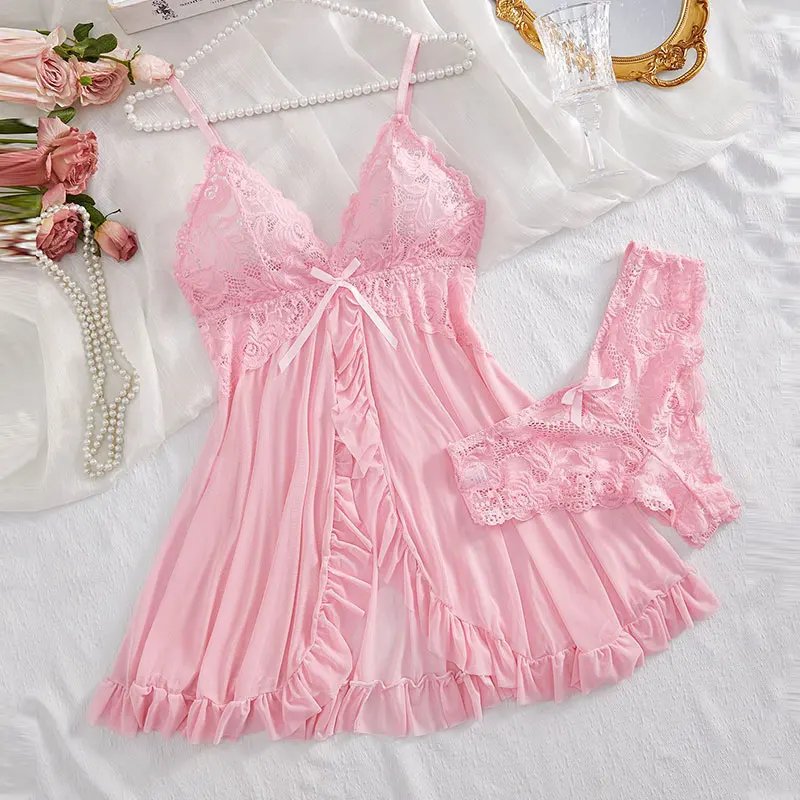 Victoria's Vogue Suspender Suit Summer Ultra-thin Nightgown Lace Thong Sets Women's Sexy Pyjamas Lingerie Hot Night Dress Comfortable Sleepwear