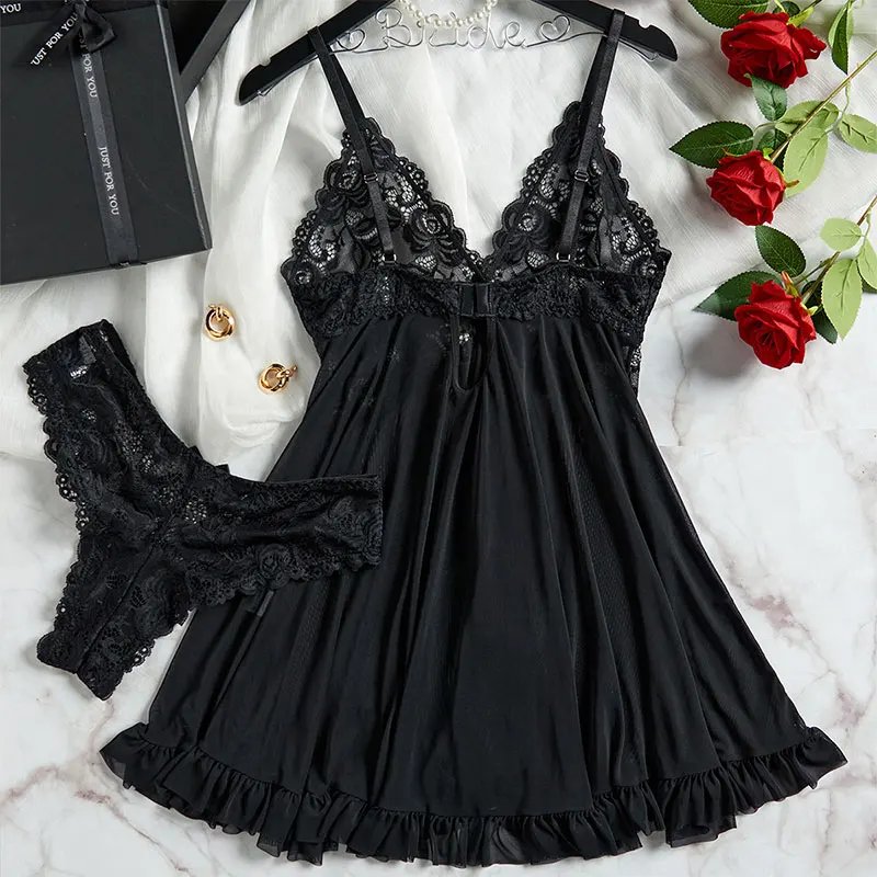 Victoria's Vogue Suspender Suit Summer Ultra-thin Nightgown Lace Thong Sets Women's Sexy Pyjamas Lingerie Hot Night Dress Comfortable Sleepwear
