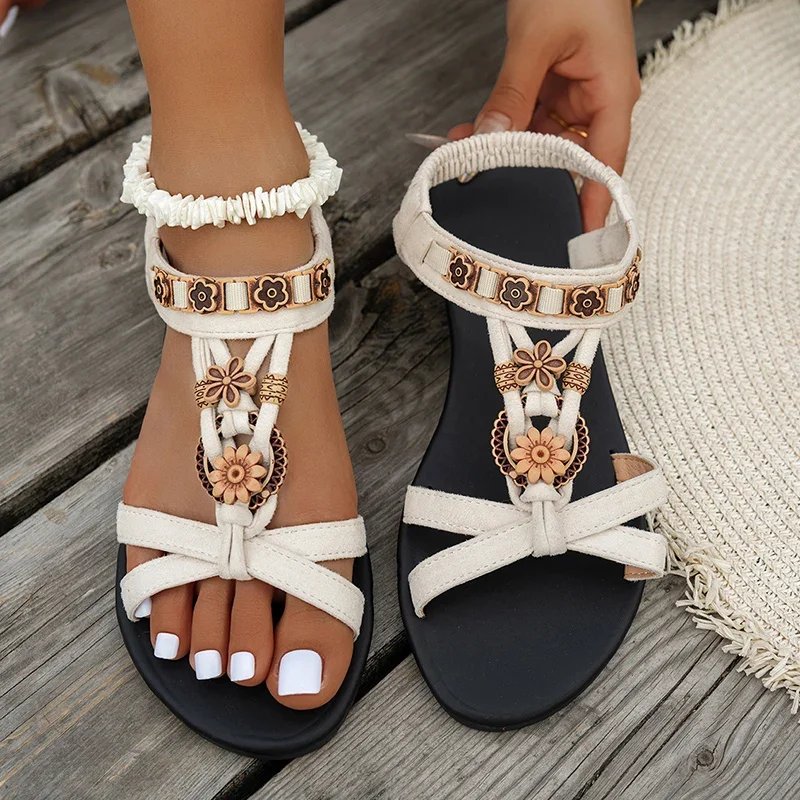 Victoria'S Vogue Flower Beaded Bohemian Sandals for Women Summer 2025 Roman Style Comfortable Flat Sandals Woman Lightweight Non Slip Beach Shoes