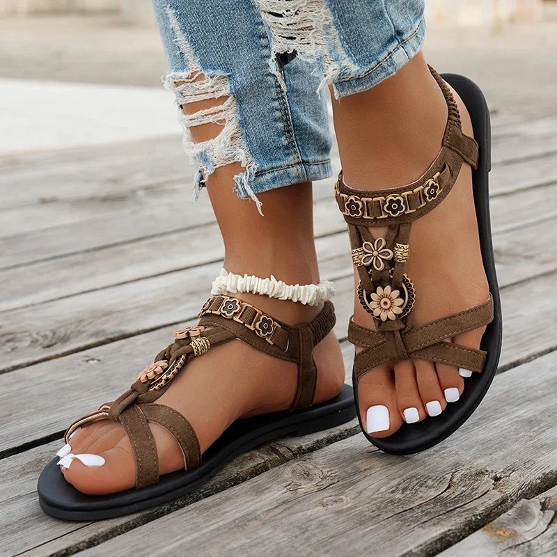 Victoria'S Vogue Flower Beaded Bohemian Sandals for Women Summer 2025 Roman Style Comfortable Flat Sandals Woman Lightweight Non Slip Beach Shoes