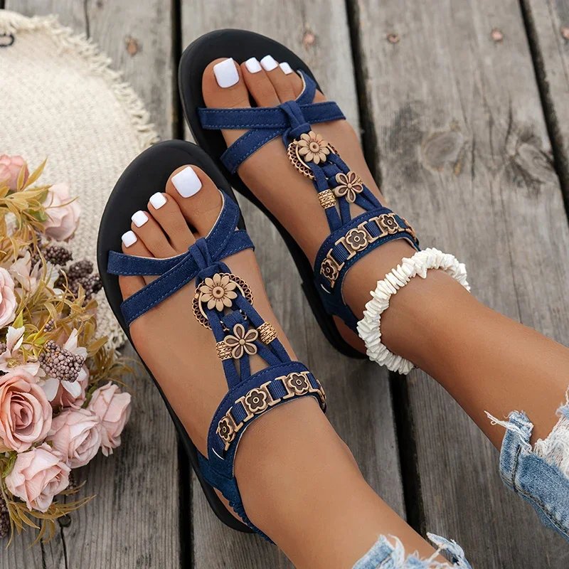 Victoria'S Vogue Flower Beaded Bohemian Sandals for Women Summer 2025 Roman Style Comfortable Flat Sandals Woman Lightweight Non Slip Beach Shoes