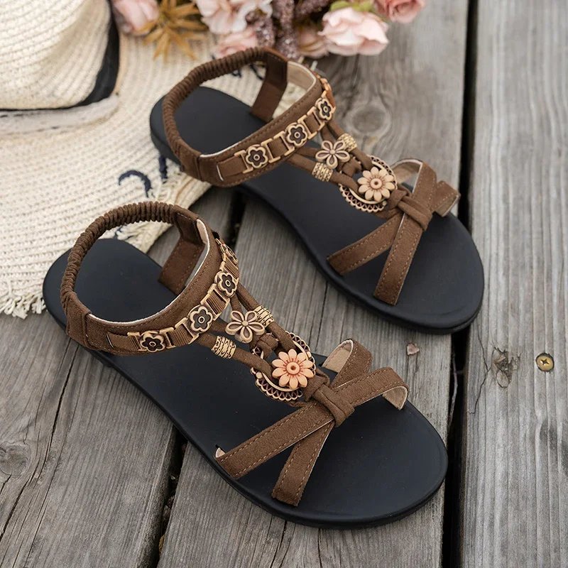 Victoria'S Vogue Flower Beaded Bohemian Sandals for Women Summer 2025 Roman Style Comfortable Flat Sandals Woman Lightweight Non Slip Beach Shoes