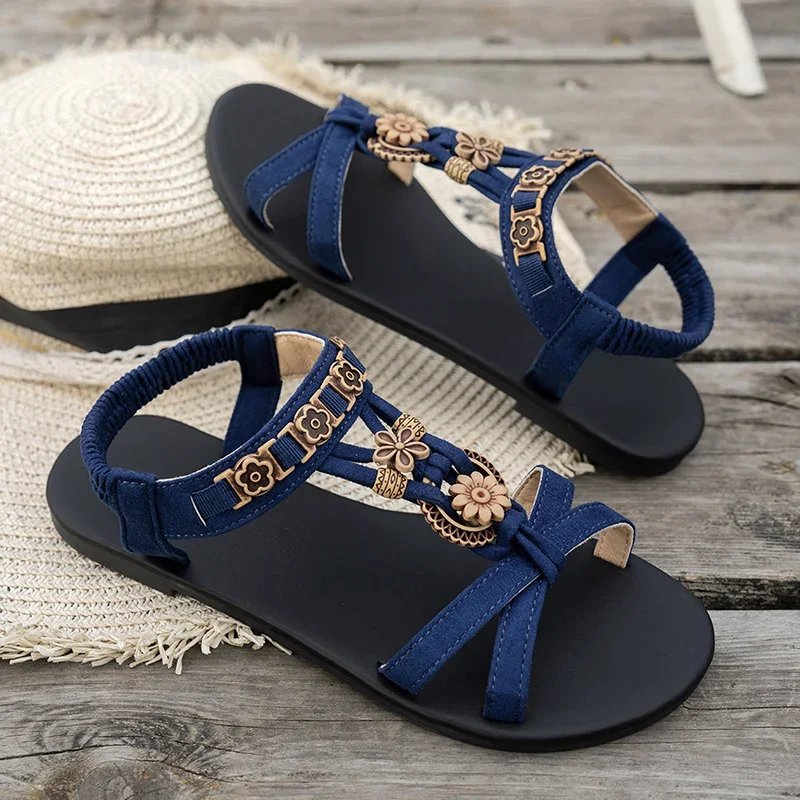 Victoria'S Vogue Flower Beaded Bohemian Sandals for Women Summer 2025 Roman Style Comfortable Flat Sandals Woman Lightweight Non Slip Beach Shoes