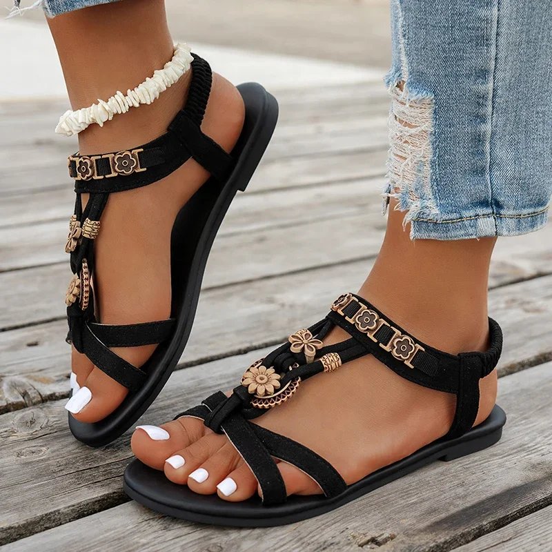 Victoria'S Vogue Flower Beaded Bohemian Sandals for Women Summer 2025 Roman Style Comfortable Flat Sandals Woman Lightweight Non Slip Beach Shoes
