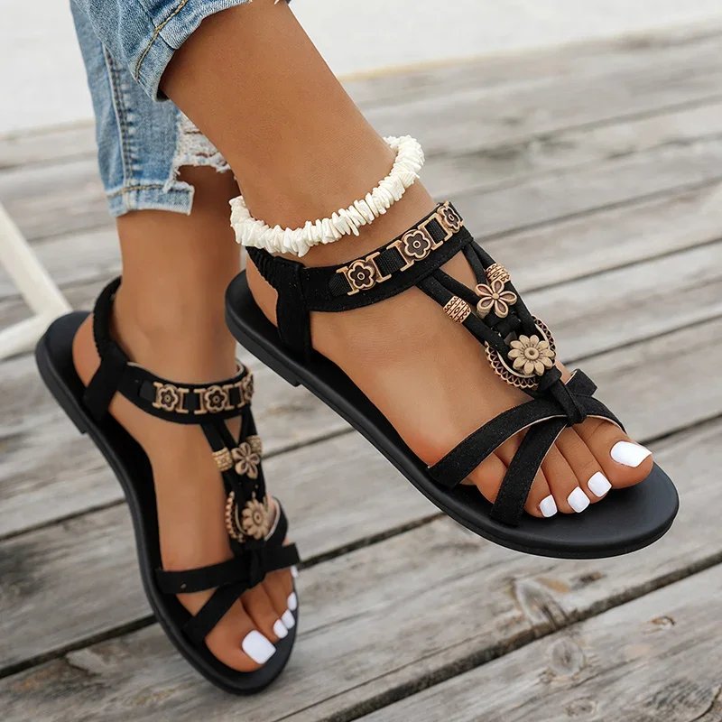 Victoria'S Vogue Flower Beaded Bohemian Sandals for Women Summer 2025 Roman Style Comfortable Flat Sandals Woman Lightweight Non Slip Beach Shoes
