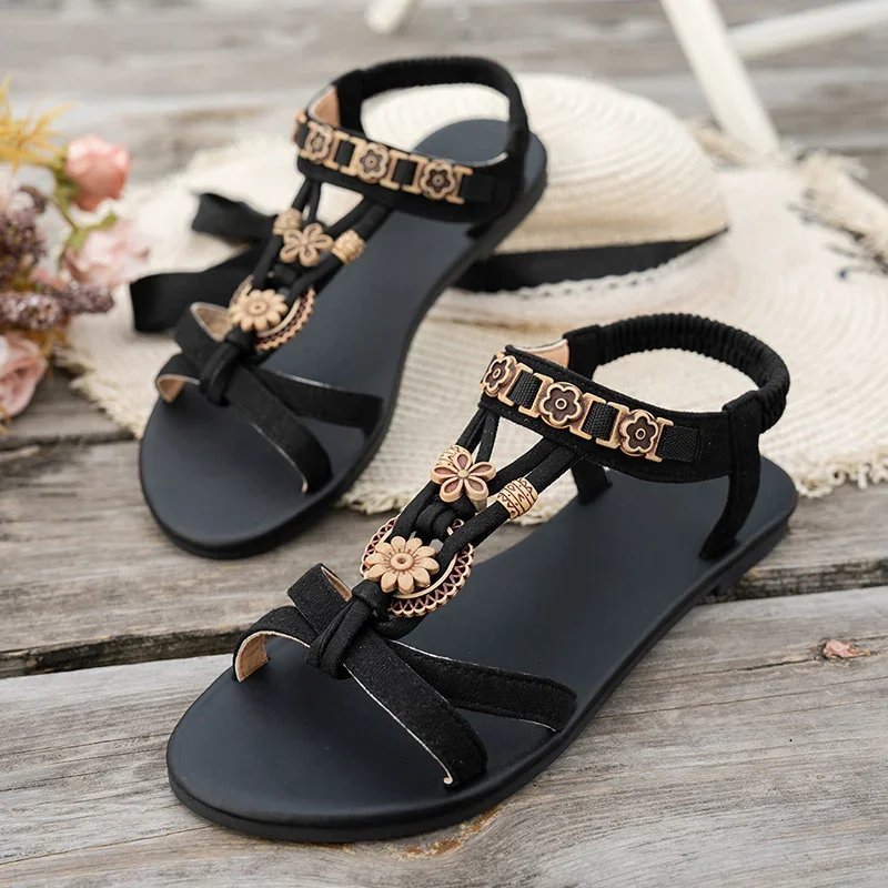 Victoria'S Vogue Flower Beaded Bohemian Sandals for Women Summer 2025 Roman Style Comfortable Flat Sandals Woman Lightweight Non Slip Beach Shoes