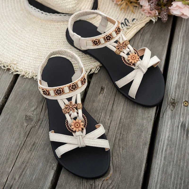 Victoria'S Vogue Flower Beaded Bohemian Sandals for Women Summer 2025 Roman Style Comfortable Flat Sandals Woman Lightweight Non Slip Beach Shoes