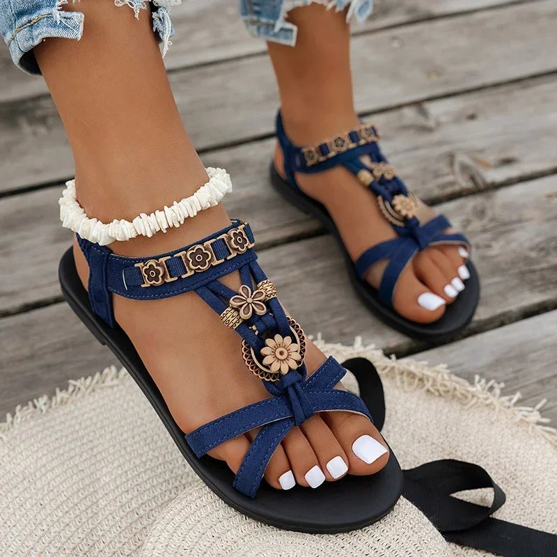 Victoria'S Vogue Flower Beaded Bohemian Sandals for Women Summer 2025 Roman Style Comfortable Flat Sandals Woman Lightweight Non Slip Beach Shoes