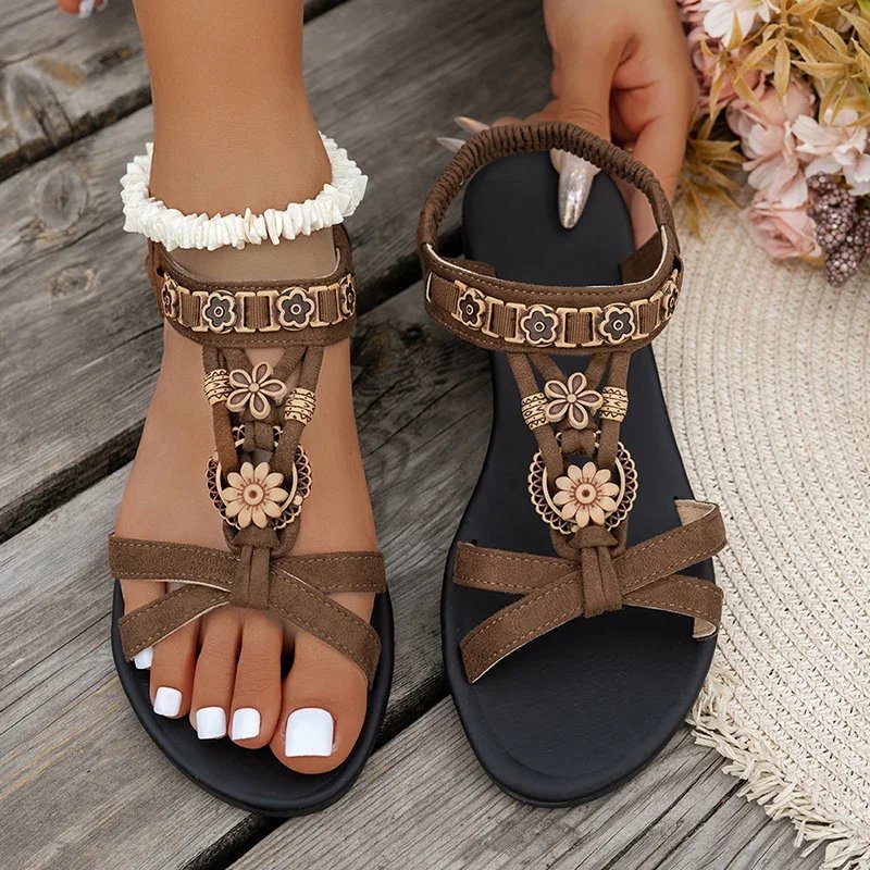 Victoria'S Vogue Flower Beaded Bohemian Sandals for Women Summer 2025 Roman Style Comfortable Flat Sandals Woman Lightweight Non Slip Beach Shoes