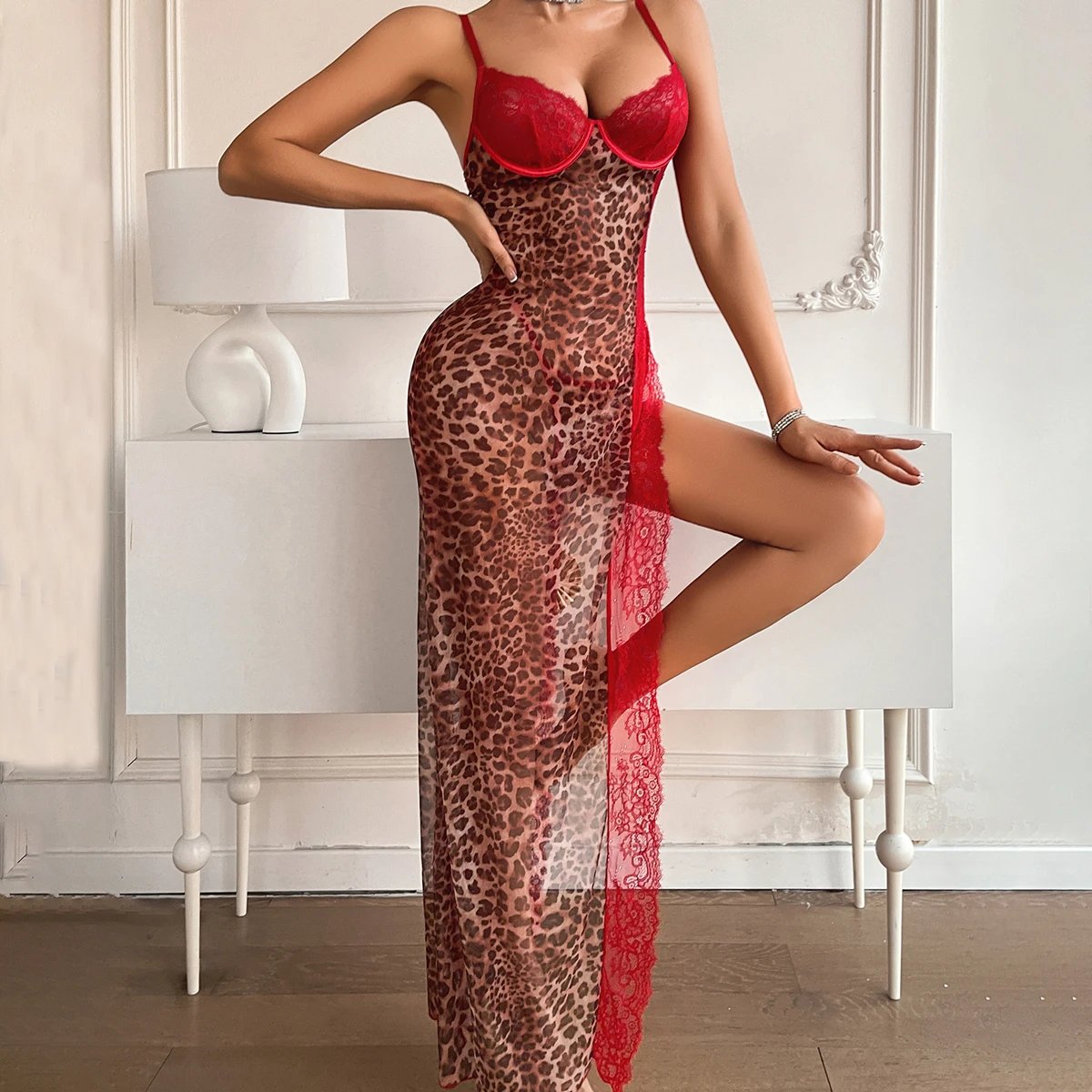 Victoria'S Vogue European and American Cross border 2026 Fashion High slit Strap Splicing Leopard Pattern Perspective Lace Sleeping Skirt Set Victoria'S Vogue European and American Cross border 2026 Fashion High slit Strap Splicing Leopard Pattern Perspective Lace Sleeping Skirt Set