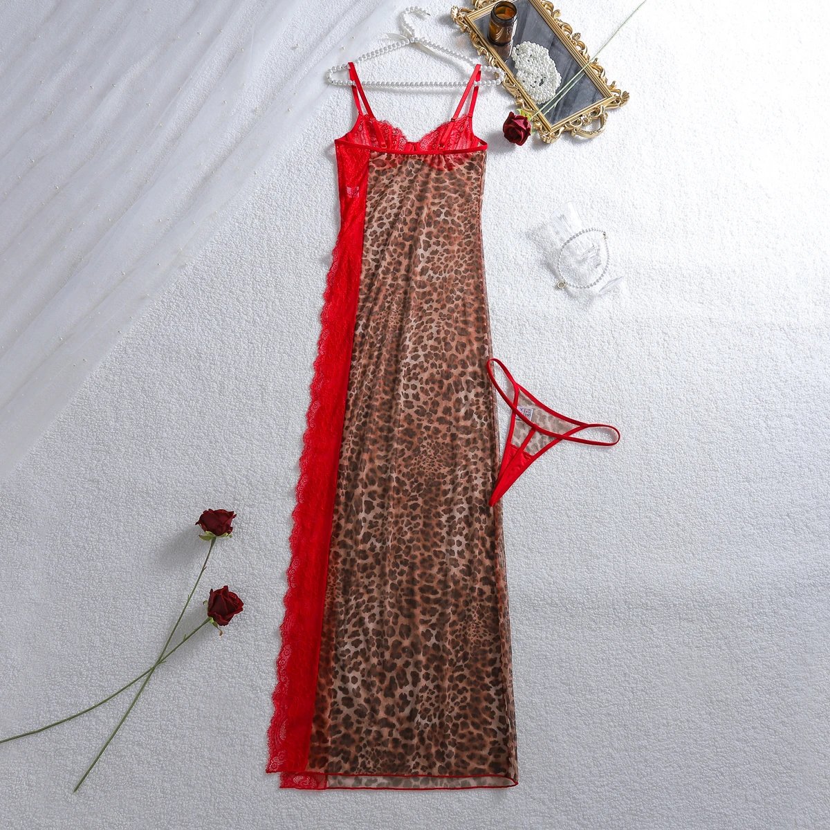 Victoria'S Vogue European and American Cross border 2026 Fashion High slit Strap Splicing Leopard Pattern Perspective Lace Sleeping Skirt Set Victoria'S Vogue European and American Cross border 2026 Fashion High slit Strap Splicing Leopard Pattern Perspective Lace Sleeping Skirt Set