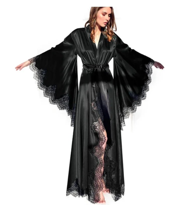 Victoria'S Vogue Women Robes Sleepwear Kimono Pajamas Pure Long Black Silk Satin Lace Trim Photography Dress Wedding Bride Gown Photo Shoot Victoria'S Vogue Women Robes Sleepwear Kimono Pajamas Pure Long Black Silk Satin Lace Trim Photography Dress Wedding Bride Gown Photo Shoot