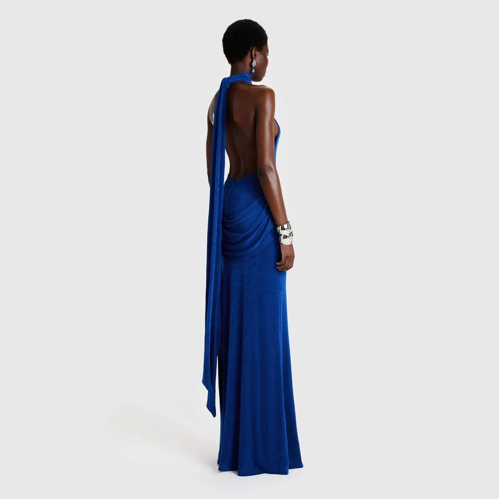 Victorias Vogue Vintage Blue Halter Backless Mermaid Floor Length Women's Prom Dress Wedding Graduation Ceremony Cocktail Evening Party Dresses