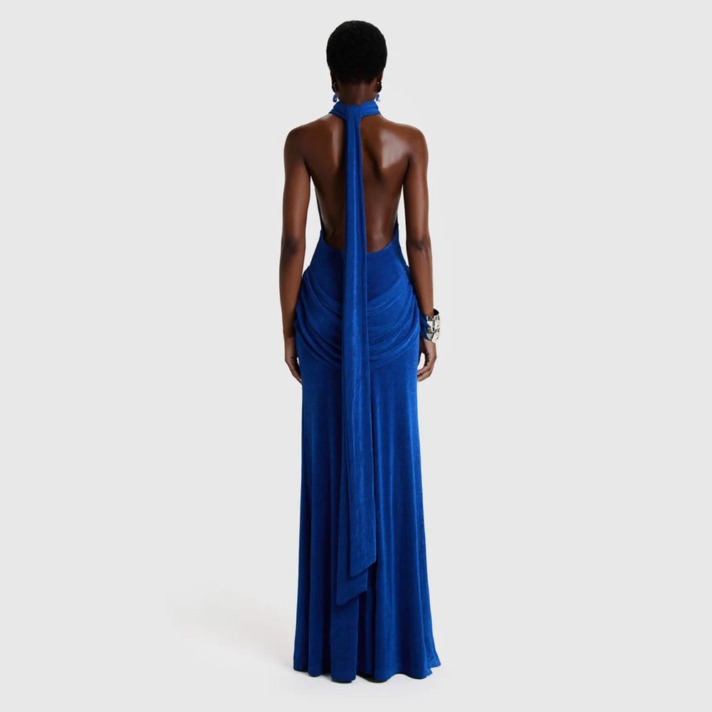 Victorias Vogue Vintage Blue Halter Backless Mermaid Floor Length Women's Prom Dress Wedding Graduation Ceremony Cocktail Evening Party Dresses