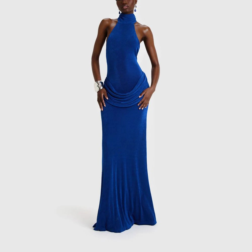 Victorias Vogue Vintage Blue Halter Backless Mermaid Floor Length Women's Prom Dress Wedding Graduation Ceremony Cocktail Evening Party Dresses