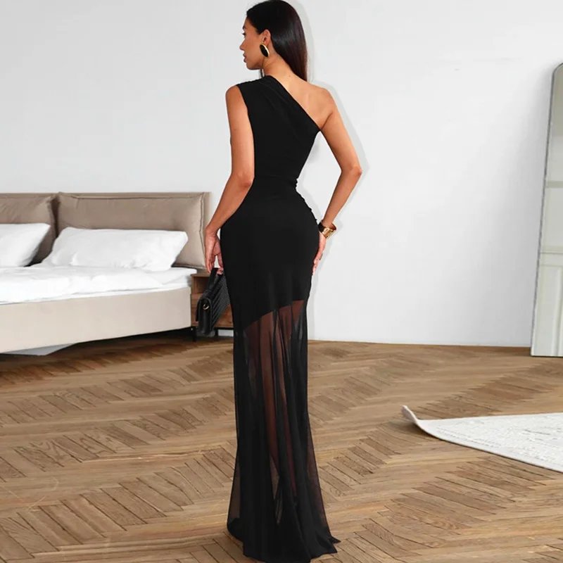 Victoria'S Vogue  Off Shoulder See Through Dress Solid High Waist Patchwork Backless Slim Long Dress Women Vacation Party Evening Dresses