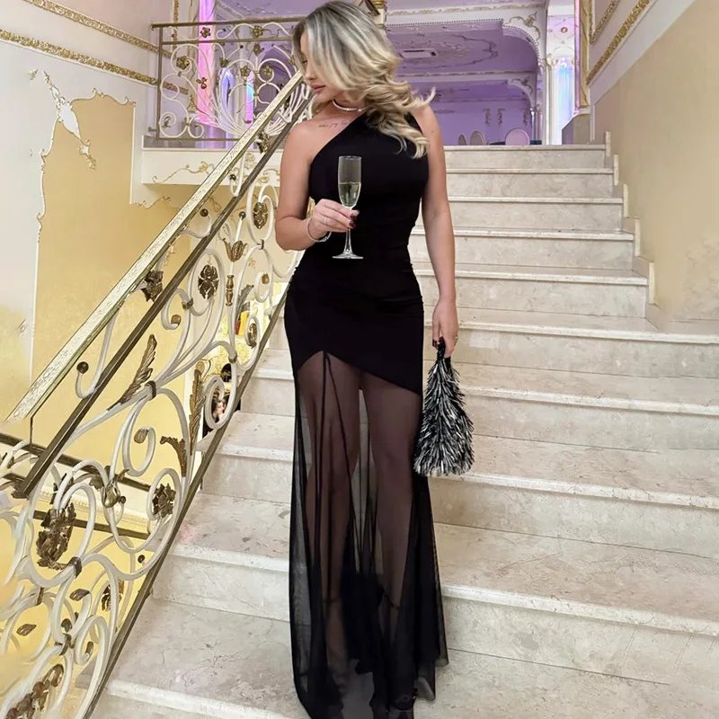 Victoria'S Vogue  Off Shoulder See Through Dress Solid High Waist Patchwork Backless Slim Long Dress Women Vacation Party Evening Dresses