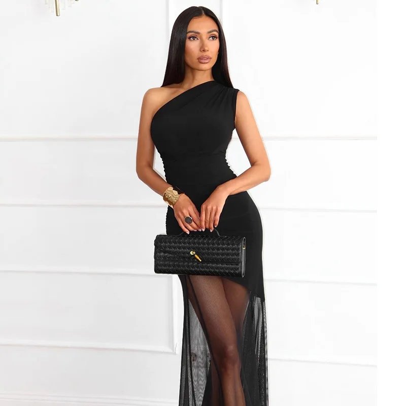 Victoria'S Vogue  Off Shoulder See Through Dress Solid High Waist Patchwork Backless Slim Long Dress Women Vacation Party Evening Dresses