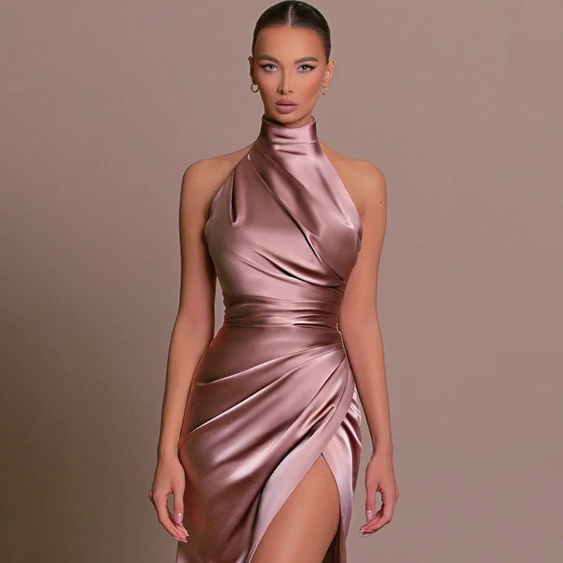 Victoria'S Vogue 2026 Retro Style  Satin Halter Maxi Dress Elegant Waist Slimming High Slit Party Formal Events Solid Color Minimalism Long Skirt