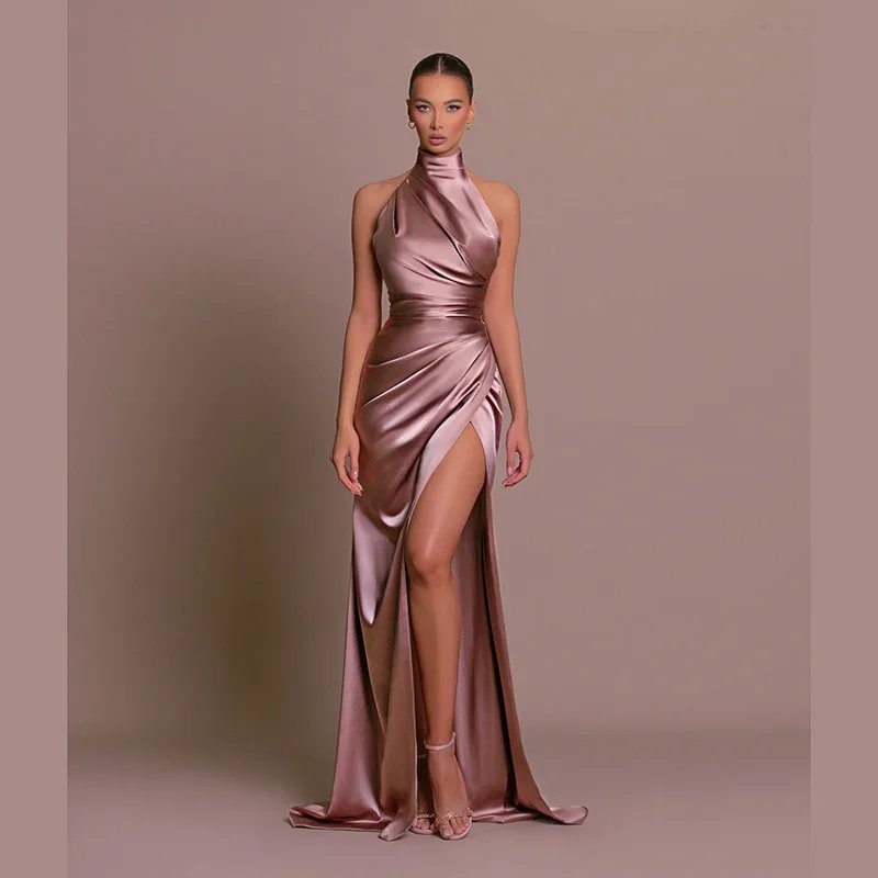 Victoria'S Vogue 2026 Retro Style  Satin Halter Maxi Dress Elegant Waist Slimming High Slit Party Formal Events Solid Color Minimalism Long Skirt