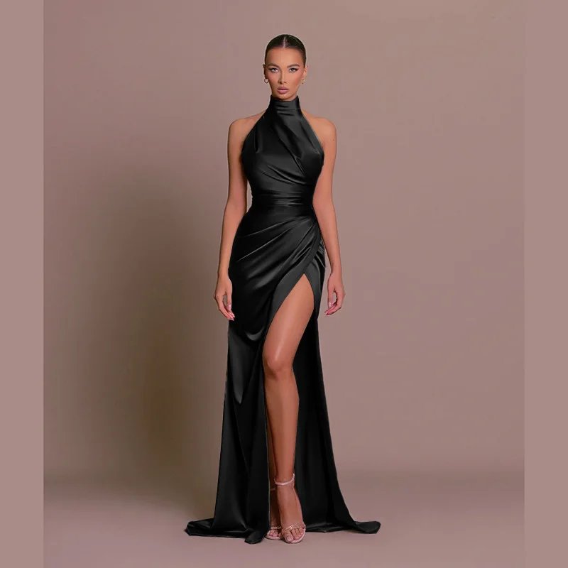 Victoria'S Vogue 2026 Retro Style  Satin Halter Maxi Dress Elegant Waist Slimming High Slit Party Formal Events Solid Color Minimalism Long Skirt