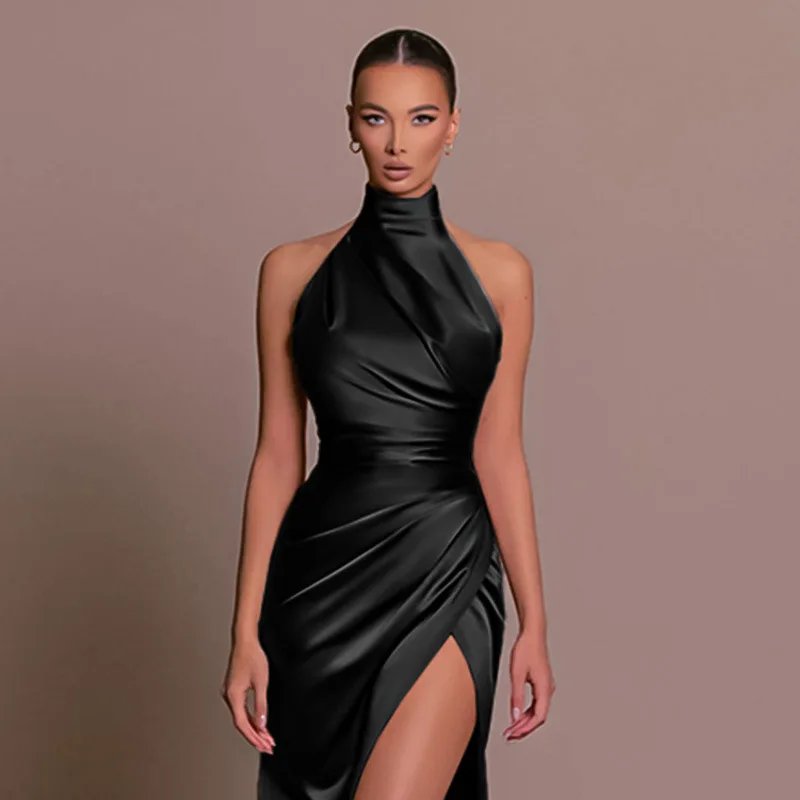 Victoria'S Vogue 2026 Retro Style  Satin Halter Maxi Dress Elegant Waist Slimming High Slit Party Formal Events Solid Color Minimalism Long Skirt