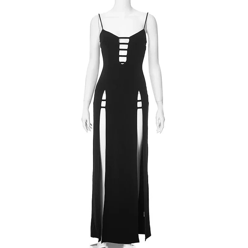 Victoroa'S Vogue Plus Size Elegant Black Dress Long Sexy Women High Split Hollow Out Fashion Evening Party Club Dress Bodycon Summer Clothes Slim