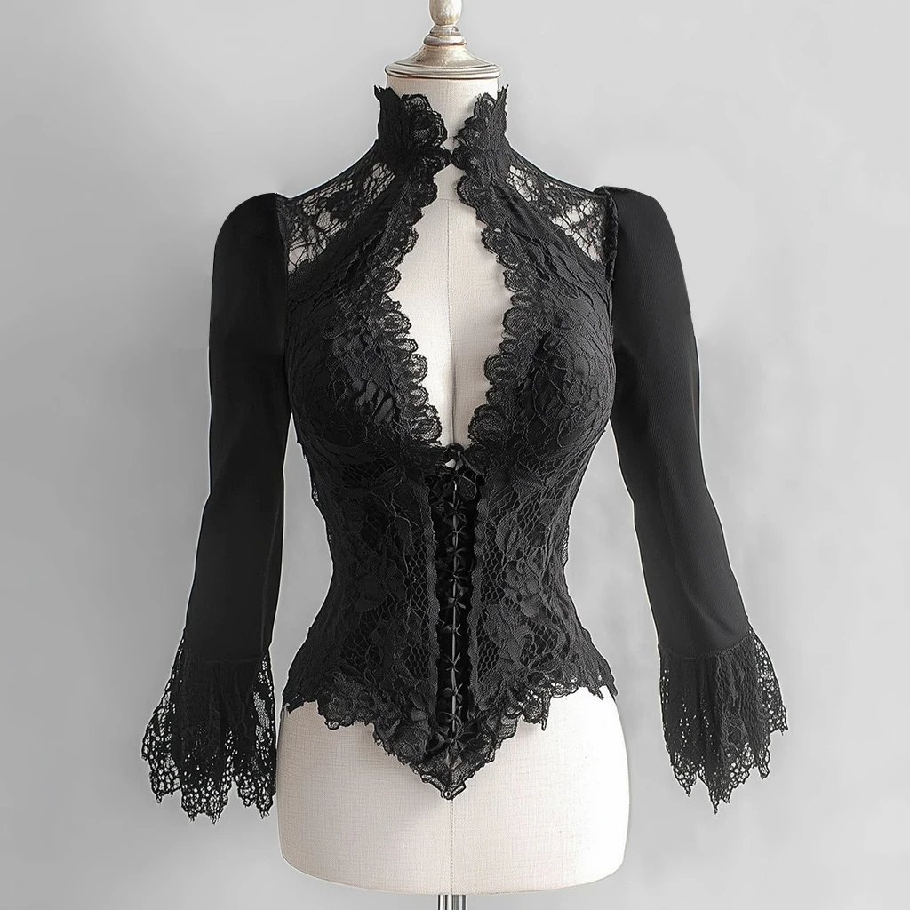 Victoria'S Vogue Goth Y2k Top Women Girls Black Slim Fit Elegant Court Lace See-Through Stand Collar Cut Out Flare Sleeve Shirt Female Blouse Victoria'S Vogue Goth Y2k Top Women Girls Black Slim Fit Elegant Court Lace See-Through Stand Collar Cut Out Flare Sleeve Shirt Female Blouse