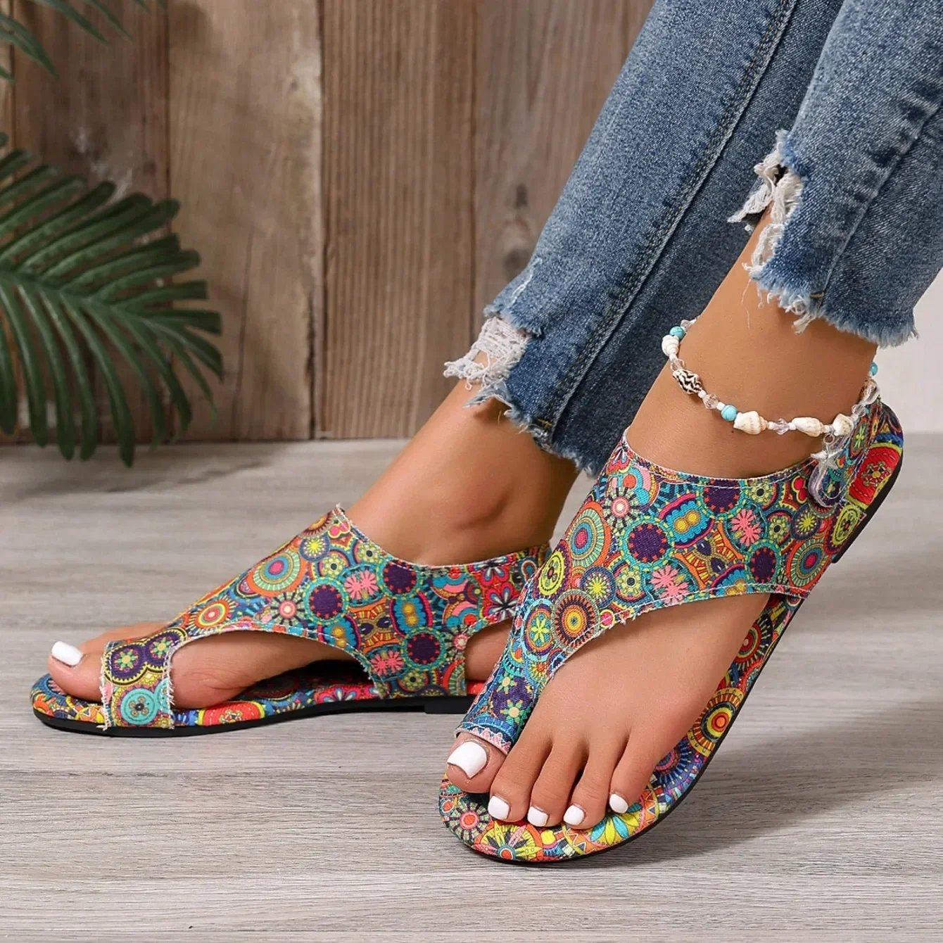 Victoria'S Vogue 2025 Women Flat Sandals Comfortable Flats Sandals Printed Bohemia Roman Style Shoes for Women Fashion Shoes Sandalias De Mujer
