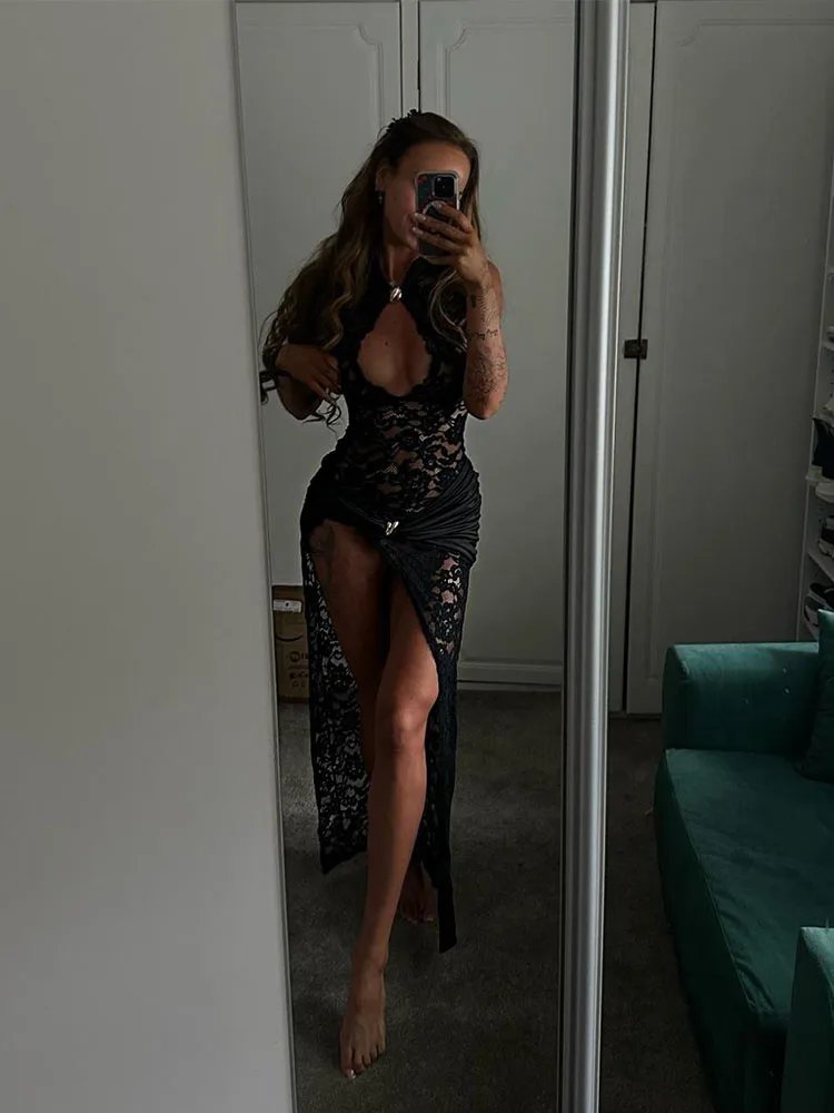 Victoria'S Vogue Lace Dresses For Women Fashion Sexy Elegant Solid Sleeveless Tank Hollow Out O-Neck High Side Split Slim Fit Long Vestidos Robes Victoria'S Vogue Lace Dresses For Women Fashion Sexy Elegant Solid Sleeveless Tank Hollow Out O-Neck High Side Split Slim Fit Long Vestidos Robes