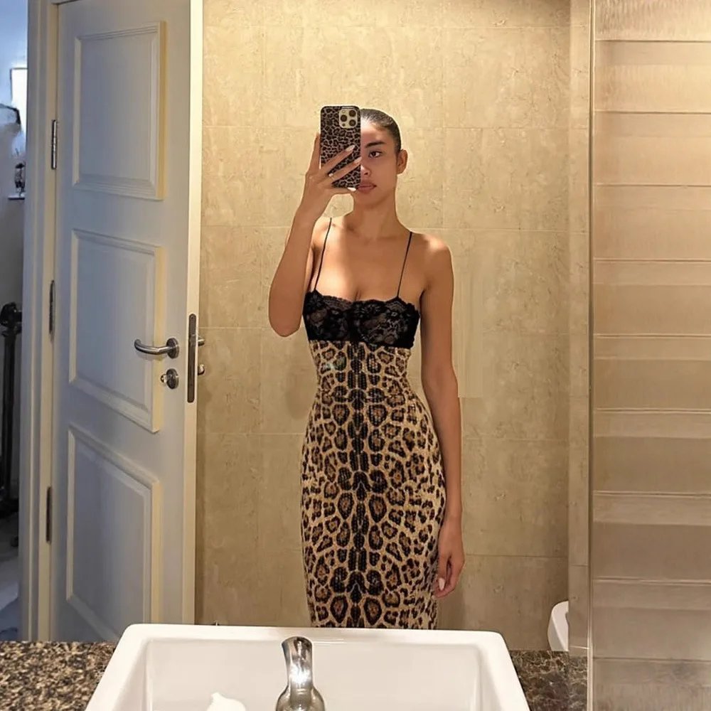 Victoria'S Vogue Sexy Lace Suspender Dress Spliced ​​with Sequins Personalized Leopard Print Women's Clothing Backless Slim Party Hip Dresses