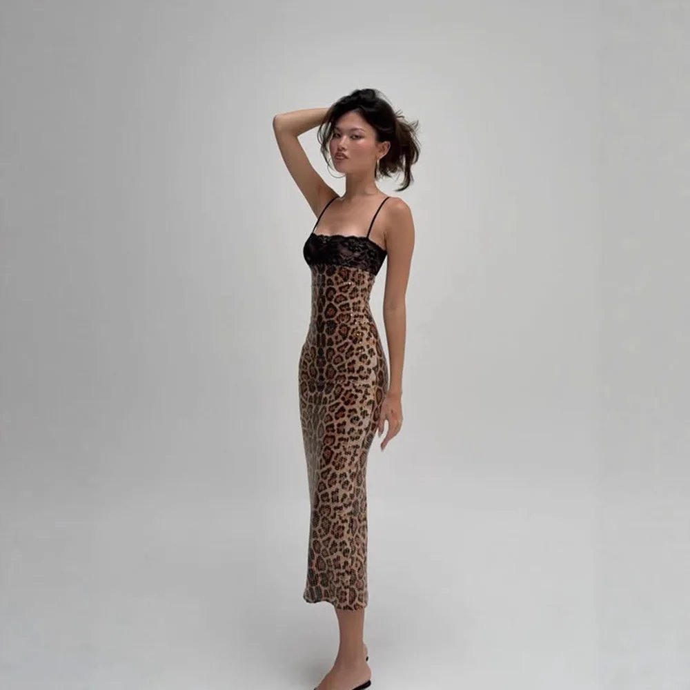Victoria'S Vogue Sexy Lace Suspender Dress Spliced ​​with Sequins Personalized Leopard Print Women's Clothing Backless Slim Party Hip Dresses