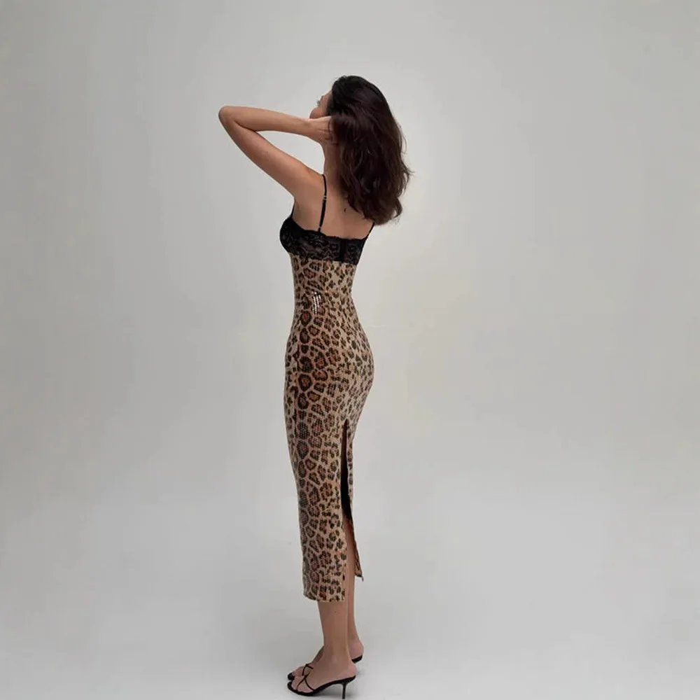 Victoria'S Vogue Sexy Lace Suspender Dress Spliced ​​with Sequins Personalized Leopard Print Women's Clothing Backless Slim Party Hip Dresses