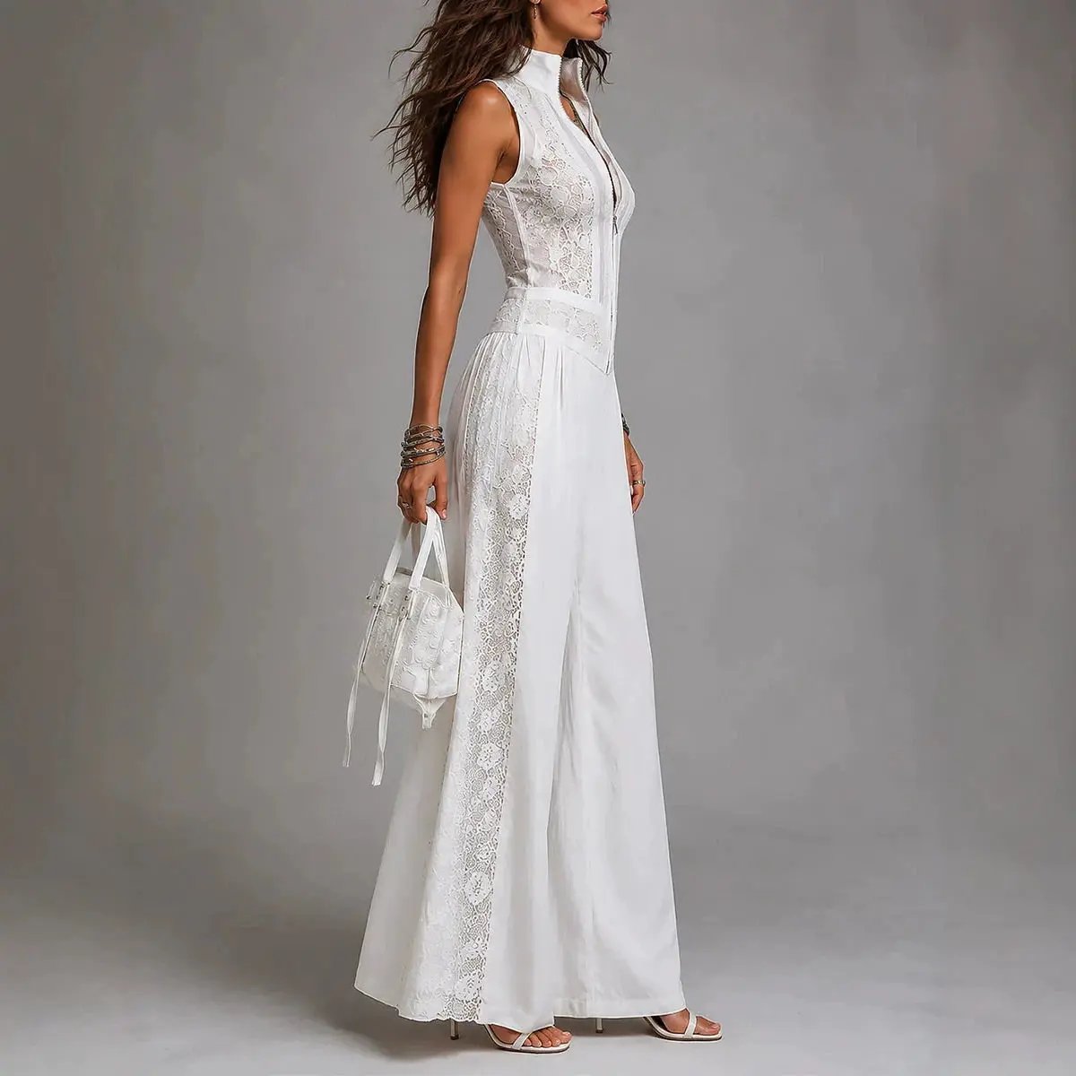 Victoria'S Vogue Elegant Lace Spliced Jumpsuit Women's High Waist Wide Leg Romper Summer Sleeveless Stand Collar Zip Front One-Piece Pants