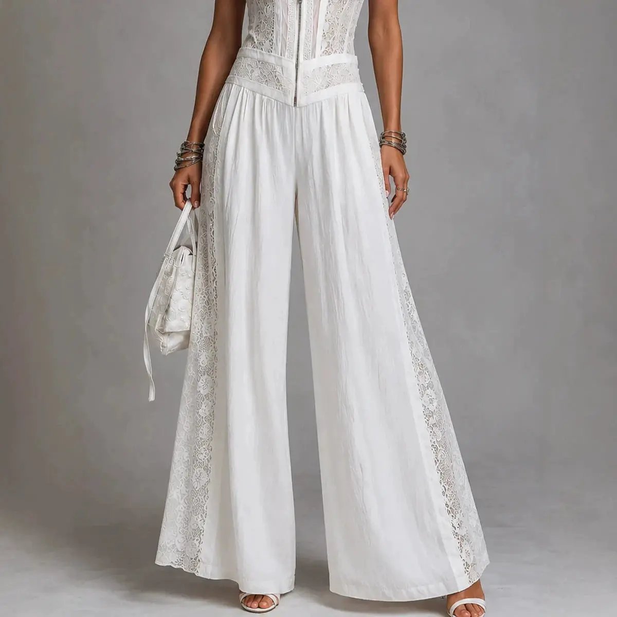 Victoria'S Vogue Elegant Lace Spliced Jumpsuit Women's High Waist Wide Leg Romper Summer Sleeveless Stand Collar Zip Front One-Piece Pants