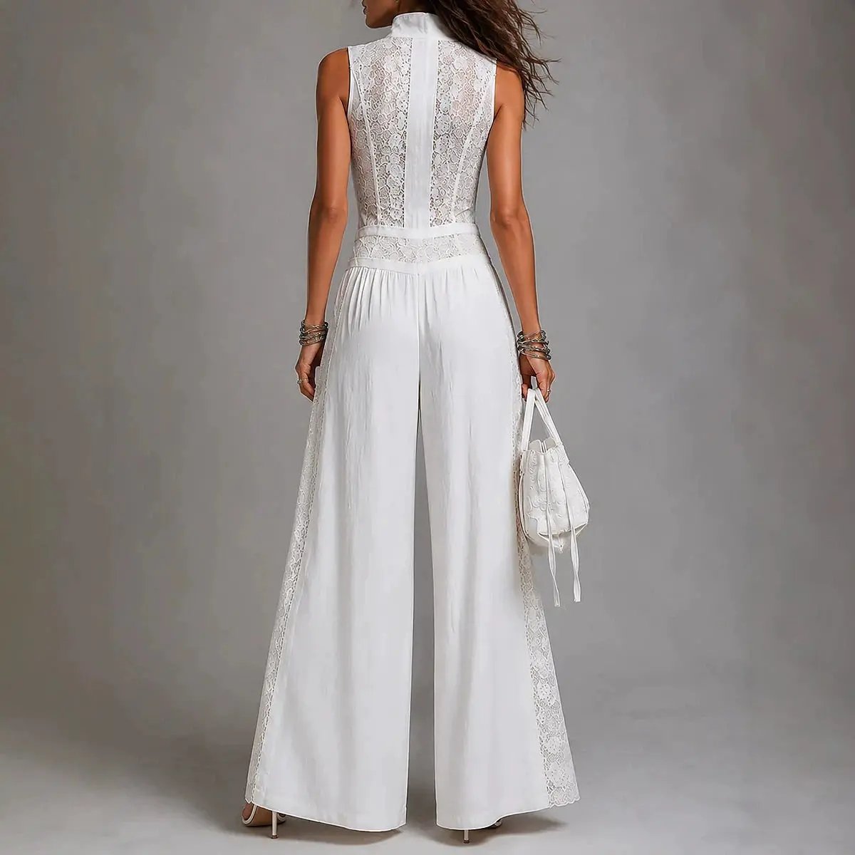 Victoria'S Vogue Elegant Lace Spliced Jumpsuit Women's High Waist Wide Leg Romper Summer Sleeveless Stand Collar Zip Front One-Piece Pants