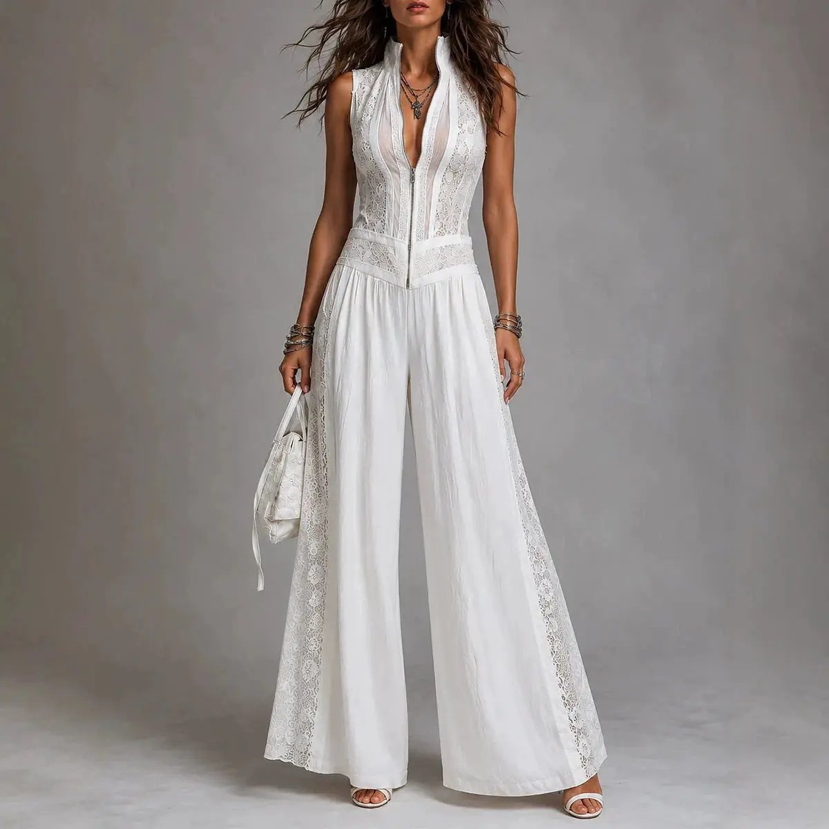 Victoria'S Vogue Elegant Lace Spliced Jumpsuit Women's High Waist Wide Leg Romper Summer Sleeveless Stand Collar Zip Front One-Piece Pants