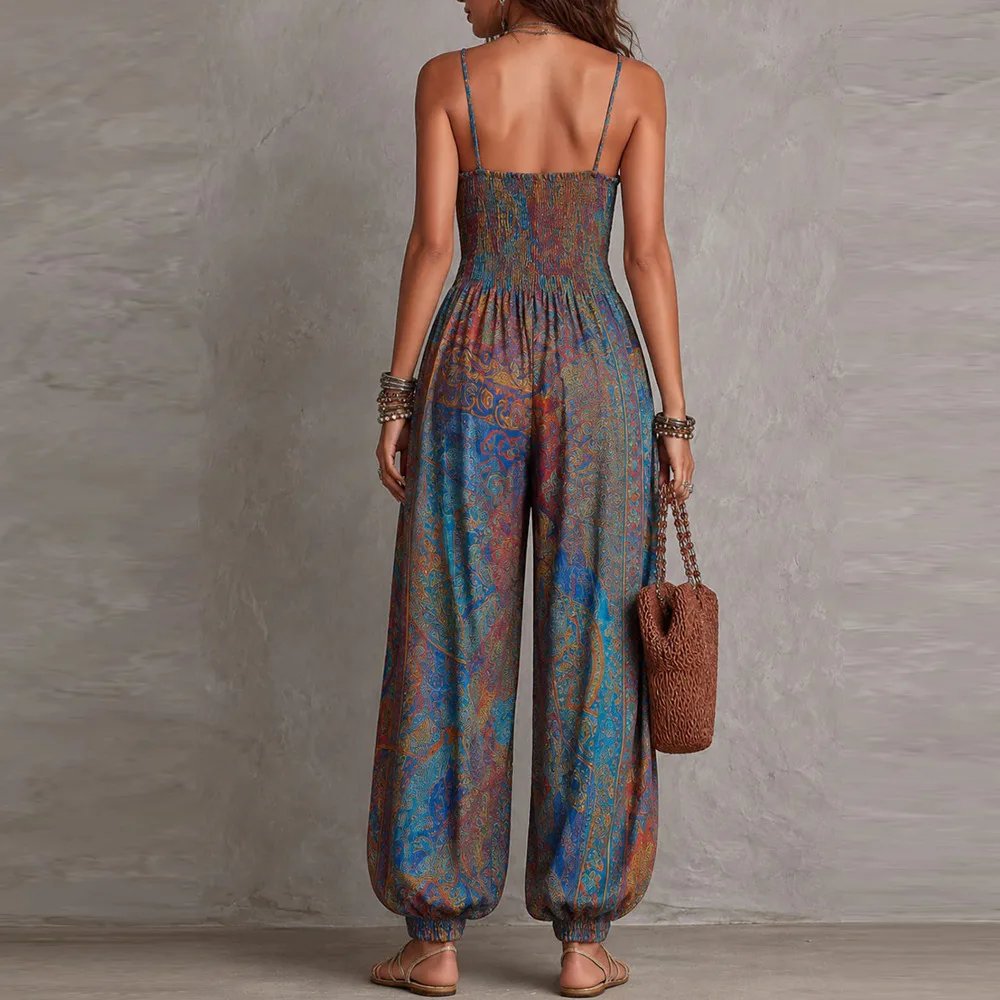 Victoria's Vogue Sexy Sleeveless Backless Jumpsuit Women's 2026 Summer Boho Wide Leg Printed Loose Long Pants Jumpsuits Vacation Party Clothing