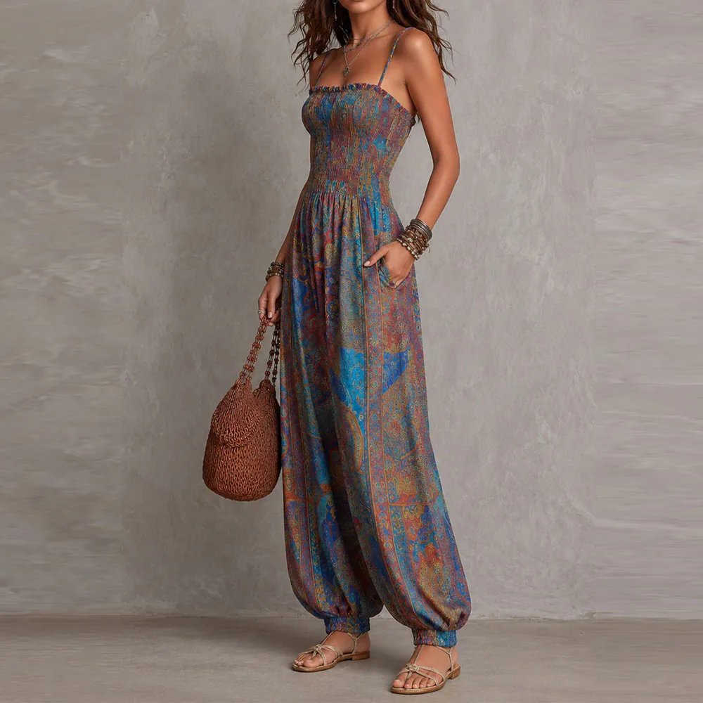 Victoria's Vogue Sexy Sleeveless Backless Jumpsuit Women's 2026 Summer Boho Wide Leg Printed Loose Long Pants Jumpsuits Vacation Party Clothing
