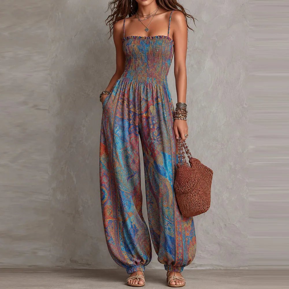 Victoria's Vogue Sexy Sleeveless Backless Jumpsuit Women's 2026 Summer Boho Wide Leg Printed Loose Long Pants Jumpsuits Vacation Party Clothing