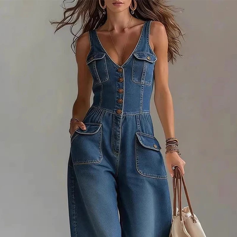 Victoria'S Vogue Elegant High Street Denim Suspender Jumpsuit Casual Sleeveless Pockets Straight   Party Playsuits Fashion Single-breasted Romper