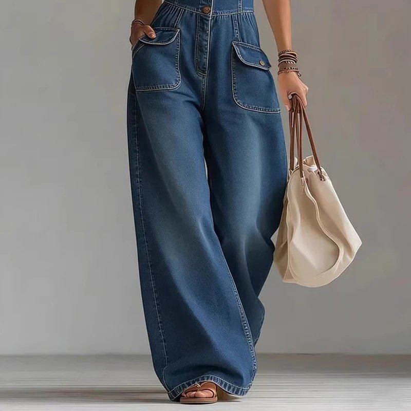 Victoria'S Vogue Elegant High Street Denim Suspender Jumpsuit Casual Sleeveless Pockets Straight   Party Playsuits Fashion Single-breasted Romper