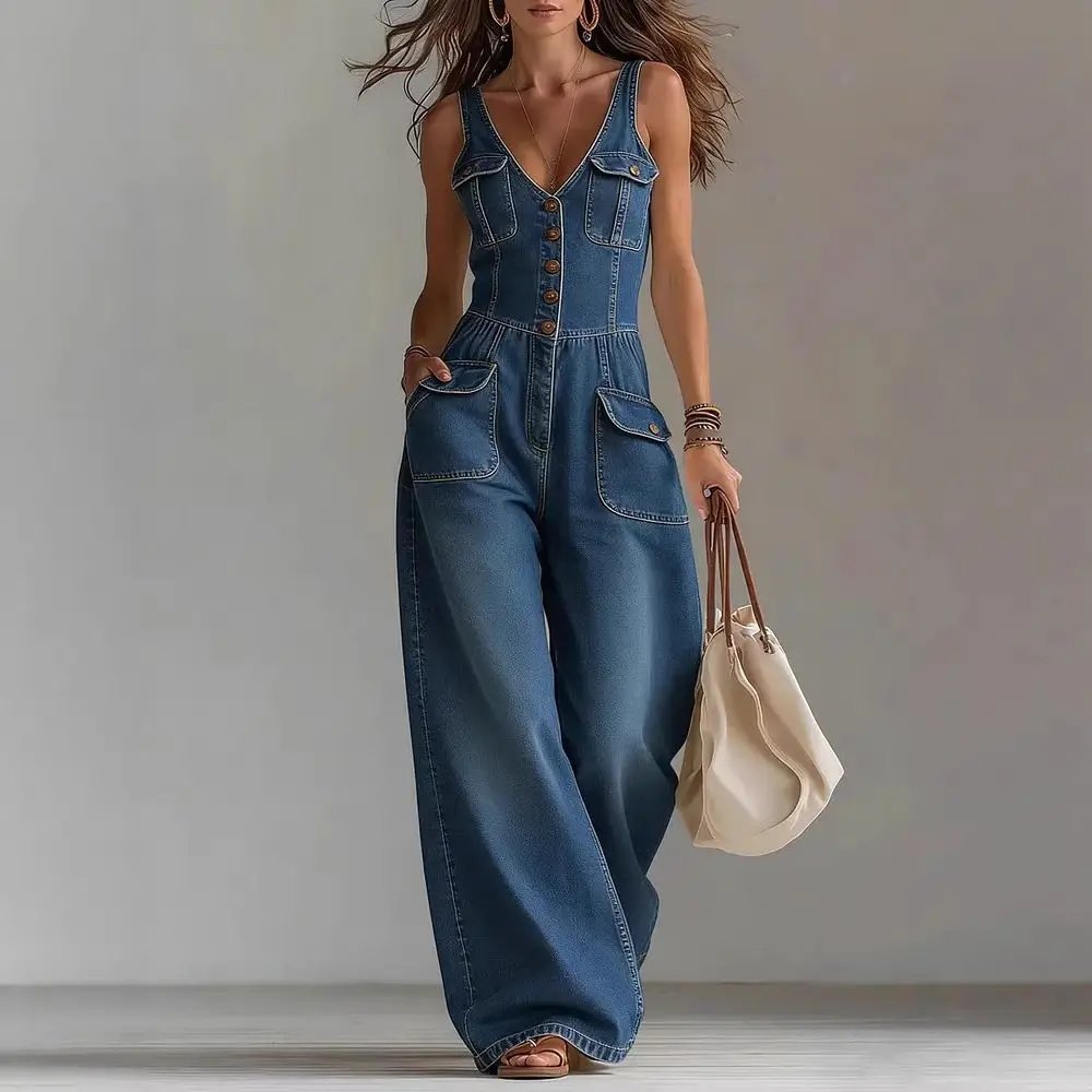Victoria'S Vogue Elegant High Street Denim Suspender Jumpsuit Casual Sleeveless Pockets Straight   Party Playsuits Fashion Single-breasted Romper
