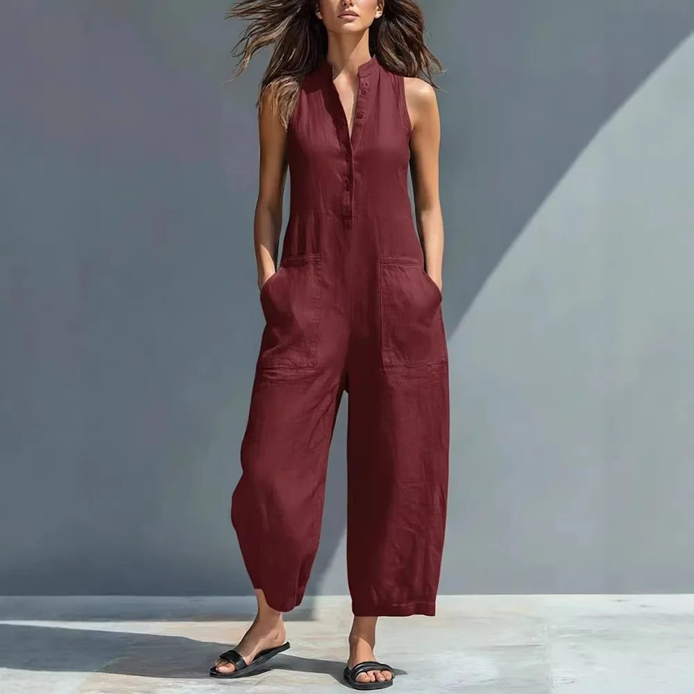 Victoria'S Vogue Cotton And Linen Jumpsuit Women Stand Collar Sleeveless Pocket High Waist Wide Legs Jumpsuits Casual Commuting Ladies Bodysuits Victoria'S Vogue Cotton And Linen Jumpsuit Women Stand Collar Sleeveless Pocket High Waist Wide Legs Jumpsuits Casual Commuting Ladies Bodysuits