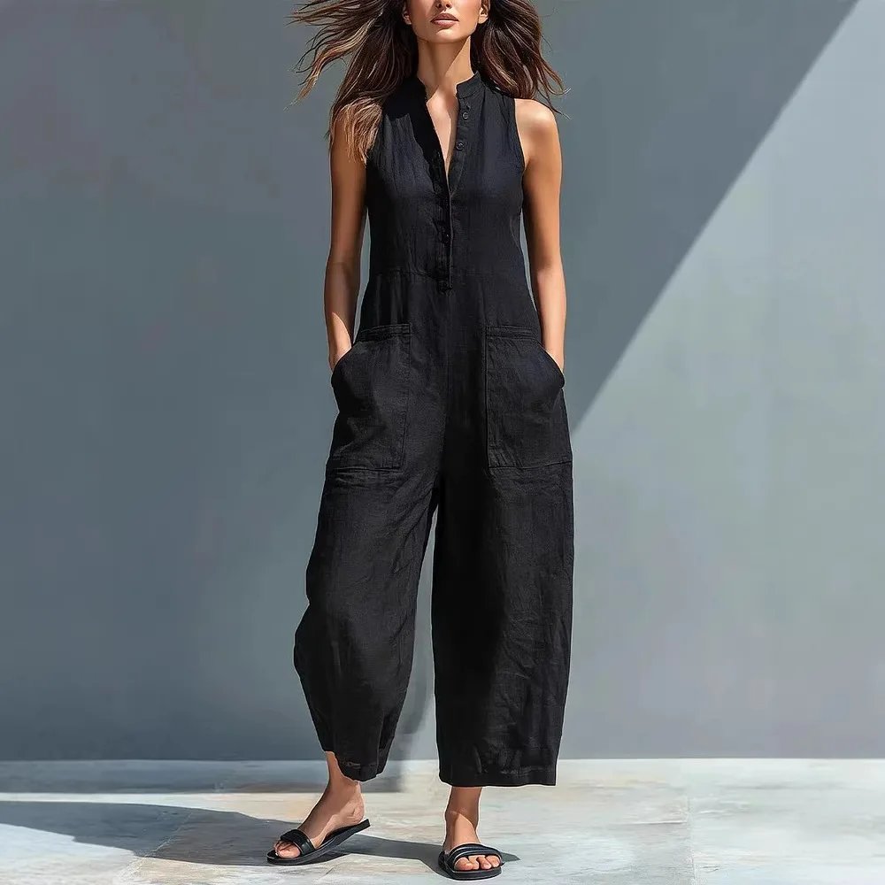 Victoria'S Vogue Cotton And Linen Jumpsuit Women Stand Collar Sleeveless Pocket High Waist Wide Legs Jumpsuits Casual Commuting Ladies Bodysuits Victoria'S Vogue Cotton And Linen Jumpsuit Women Stand Collar Sleeveless Pocket High Waist Wide Legs Jumpsuits Casual Commuting Ladies Bodysuits