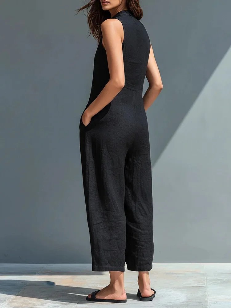 Victoria'S Vogue Cotton And Linen Jumpsuit Women Stand Collar Sleeveless Pocket High Waist Wide Legs Jumpsuits Casual Commuting Ladies Bodysuits Victoria'S Vogue Cotton And Linen Jumpsuit Women Stand Collar Sleeveless Pocket High Waist Wide Legs Jumpsuits Casual Commuting Ladies Bodysuits