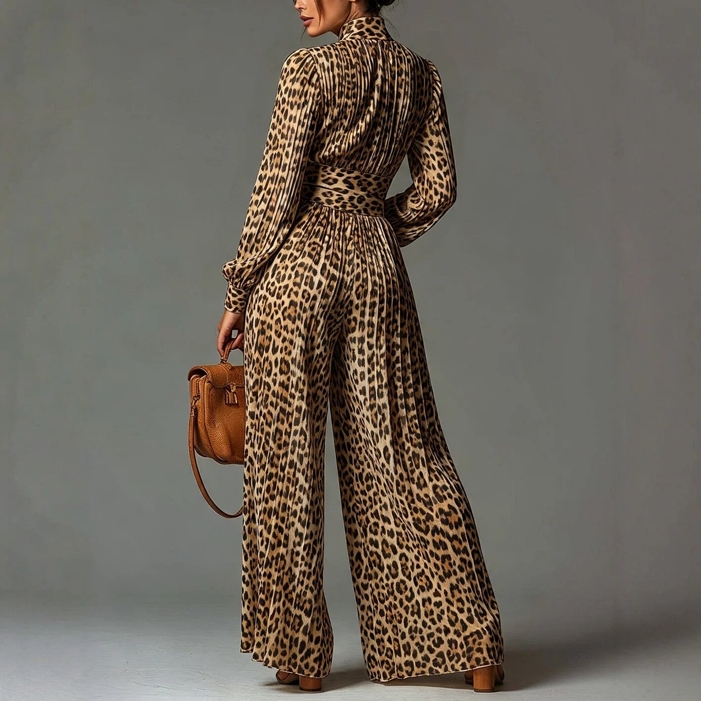 Victoria'S Vogue Elegant Stand Collar Zipper Leopard Print Jumpsuit Women's High Waist Wide Leg Romper Long Sleeve Vacation One Piece Overalls
