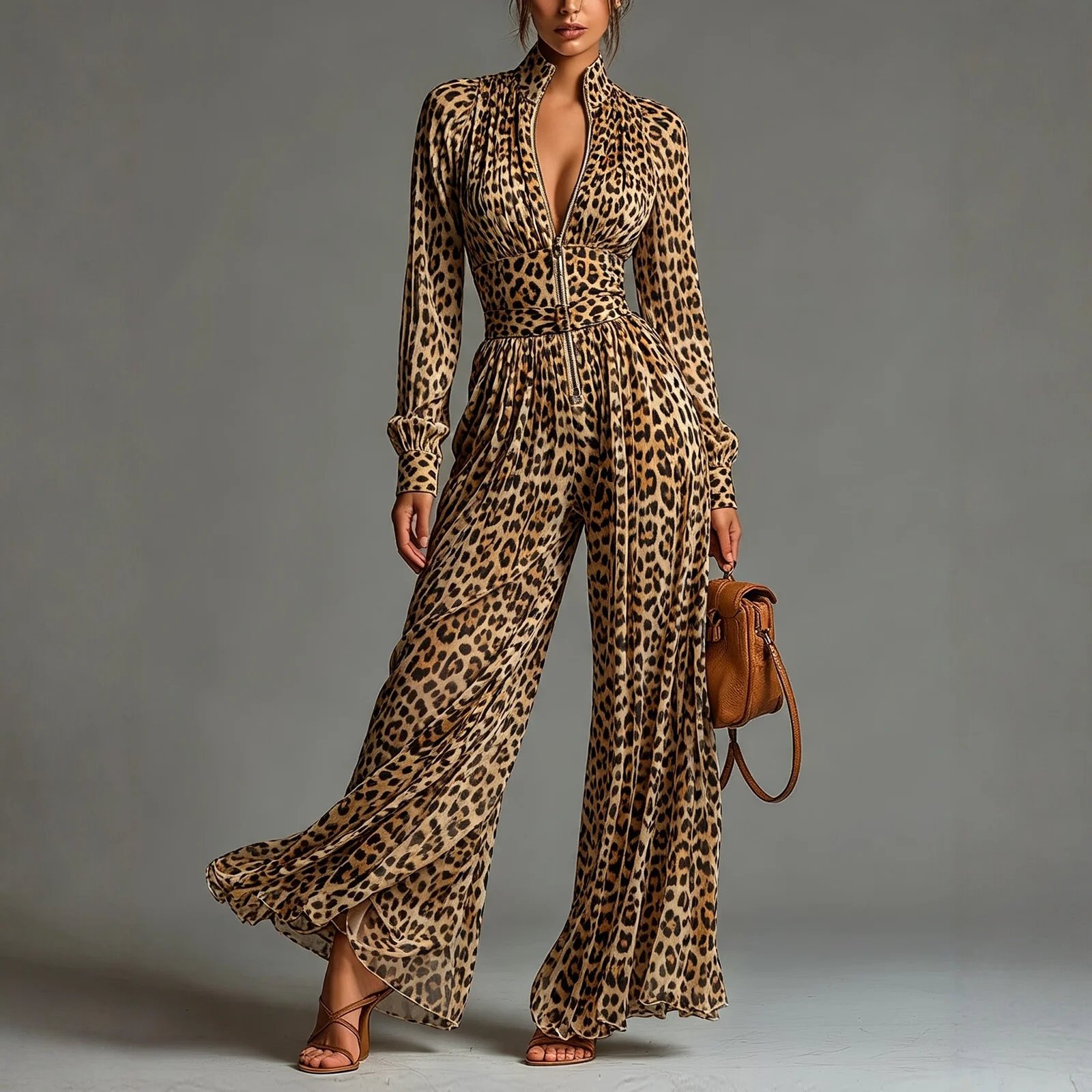 Victoria'S Vogue Elegant Stand Collar Zipper Leopard Print Jumpsuit Women's High Waist Wide Leg Romper Long Sleeve Vacation One Piece Overalls
