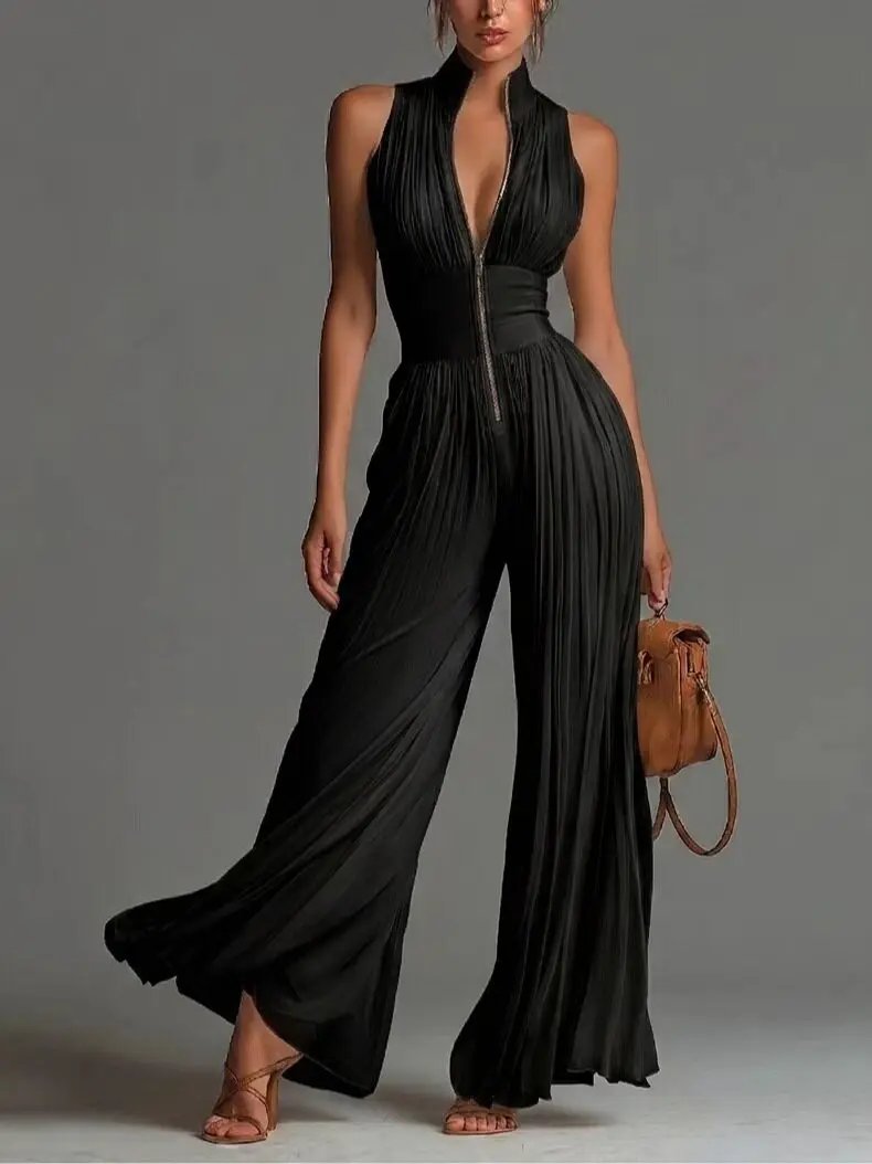 Victoria'S Vogue Elegant Stand Collar Zipper Pleated Jumpsuit Women's Solid High Waist Wide Leg Romper Summer Sleeveless Vacation Overalls Victoria'S Vogue Elegant Stand Collar Zipper Pleated Jumpsuit Women's Solid High Waist Wide Leg Romper Summer Sleeveless Vacation Overalls